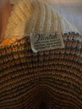Vintage Women's Crewneck Multicolor Knit Sweater - Cream, Brown & Orange